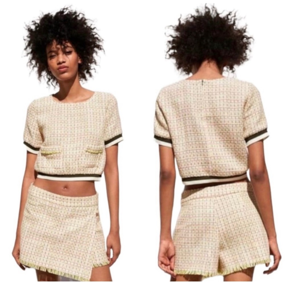 ZARA Multicolor Tweed Short Sleeve Round Neck Crop Top